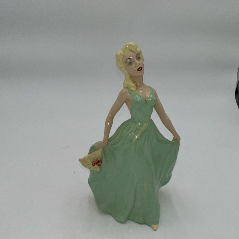 Ceramic Woman Figurine Green Dress Glossy Decorative Figures Art Pottery